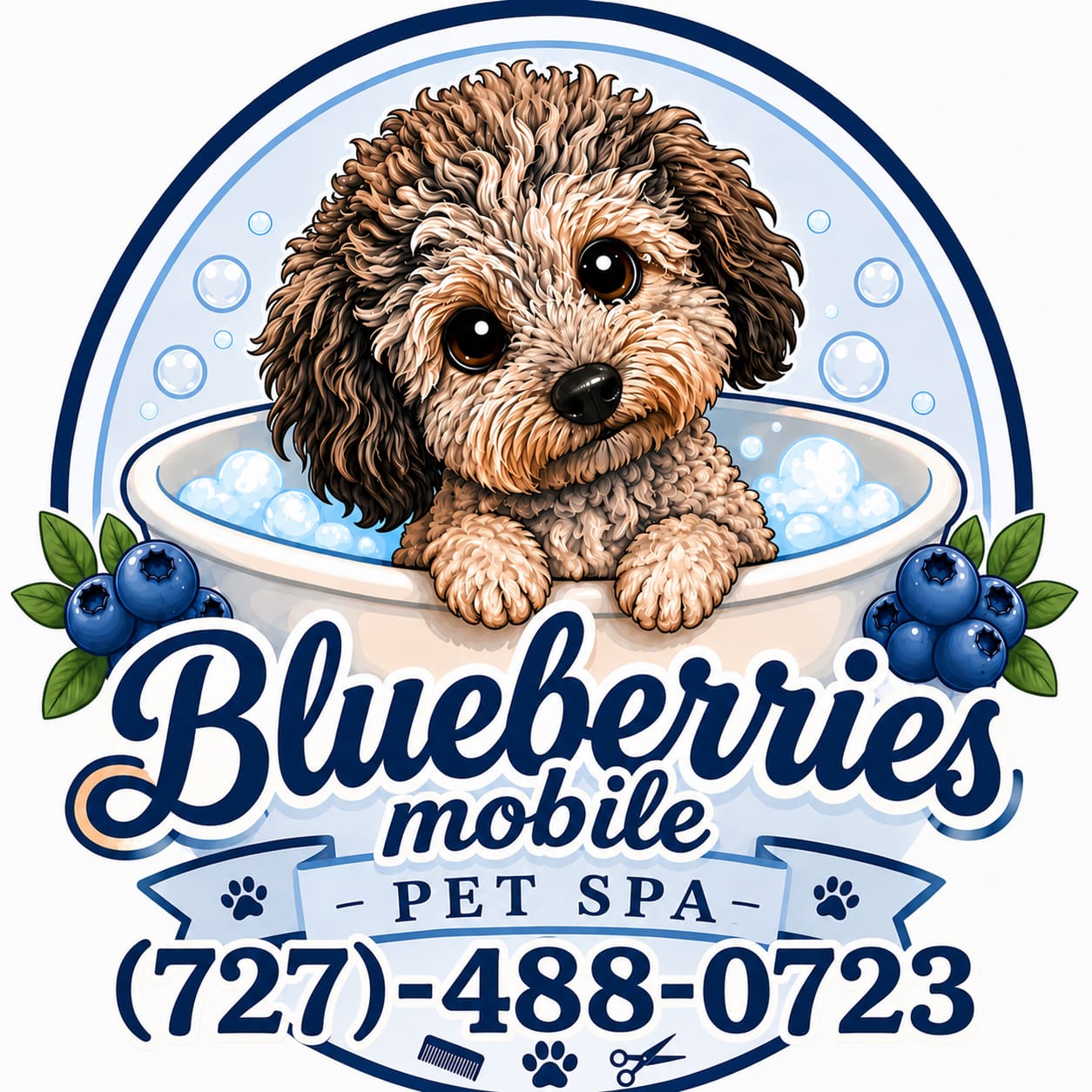 A curly doodle puppy enjoying a bubble bath — the Blueberries Mobile Pet Spa logo